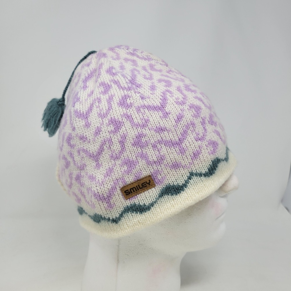 Smiley Women's Wool Beanie Made In USA Nordic Purple Pom Pom